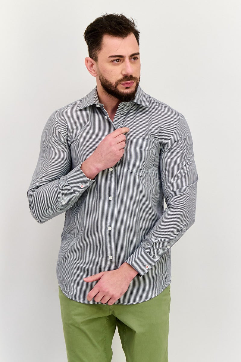 ESPRIT قميص رجالي عادي بأكمام طويلة مخطط، أبيض - Image 1