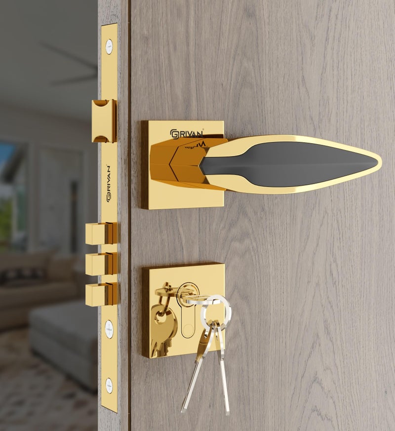 GRIVAN Premium Heavy Duty Door Locks for Main Door, Mortise Door Lock Set with 3 Brass Keys, Bedroom Door Lock, Handle Lock for Home/Office/Hotel (Gold Black Finish) | 2 Years Warranty - Image 1