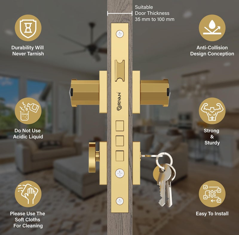 GRIVAN Premium Heavy Duty Door Locks for Main Door, Mortise Door Lock Set with 3 Brass Keys, Bedroom Door Lock, Handle Lock for Home/Office/Hotel (Gold Black Finish) | 2 Years Warranty - Image 3