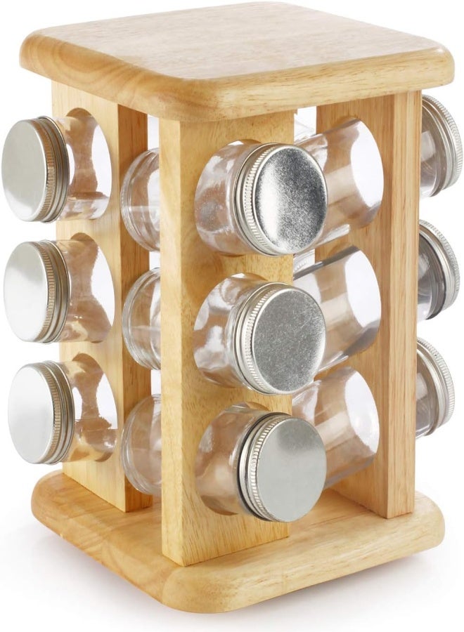 AKDC Billi Gw-008/12Al 12 Pieces Spice Bottle With Aluminium Lid And Rotating Wooden Stand, Multicolour, W 15.0 X H 22.5 X D 15.0 Cm, Wooden/Glass - Image 5