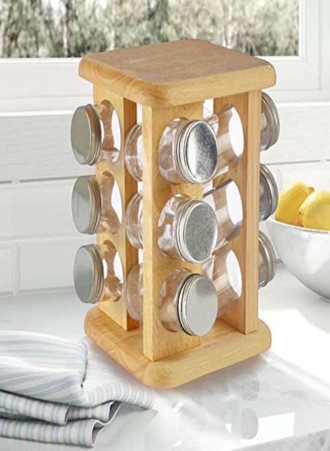 AKDC Billi Gw-008/12Al 12 Pieces Spice Bottle With Aluminium Lid And Rotating Wooden Stand, Multicolour, W 15.0 X H 22.5 X D 15.0 Cm, Wooden/Glass - Image 2