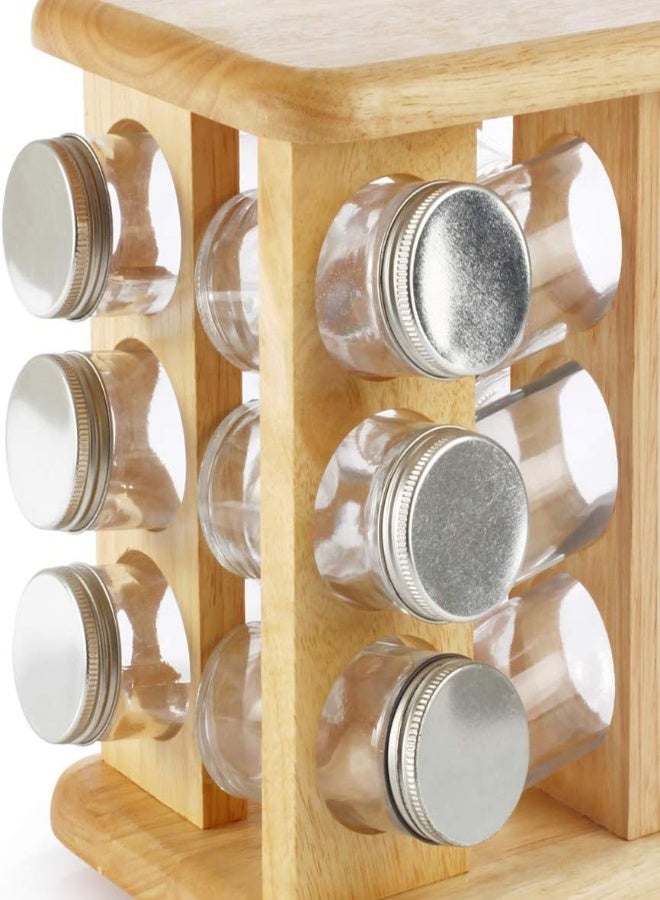AKDC Billi Gw-008/12Al 12 Pieces Spice Bottle With Aluminium Lid And Rotating Wooden Stand, Multicolour, W 15.0 X H 22.5 X D 15.0 Cm, Wooden/Glass - Image 3