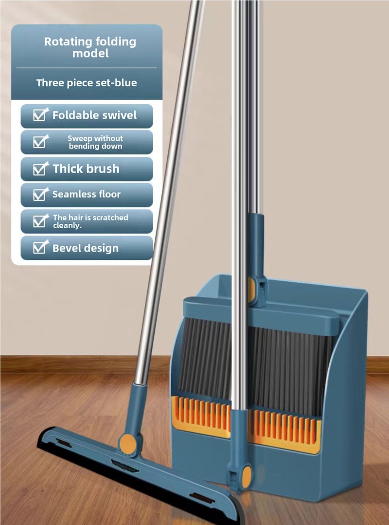 Folding Broom suit Two-Piece Set Three-Piece Set Household Dustpan Cleaning Garbage Non-Sticky Hair Household BroomBlue Folding 3-piece Sponge Scraping Blue Folding 3-piece Sponge Scraping