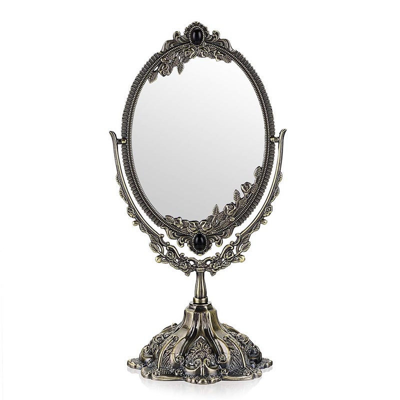 Juxyes Metal Tabletop Antique Decorative Makeup Mirror With Stand  Vintage Swivel Double Sided Cosmetic Mirror With Frame  Retro Desktop Oval Dressing Mirror For Bathroom Bedroom - Image 1
