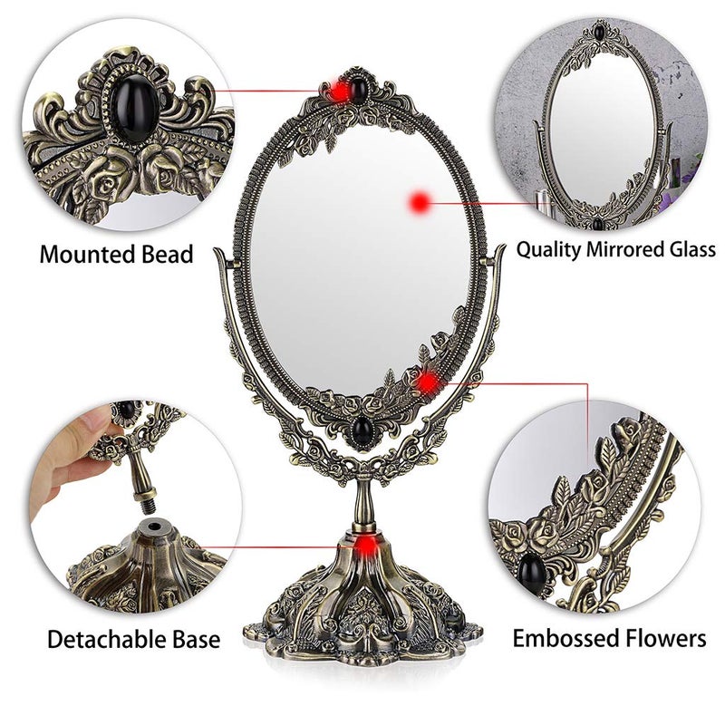 Juxyes Metal Tabletop Antique Decorative Makeup Mirror With Stand  Vintage Swivel Double Sided Cosmetic Mirror With Frame  Retro Desktop Oval Dressing Mirror For Bathroom Bedroom - Image 4