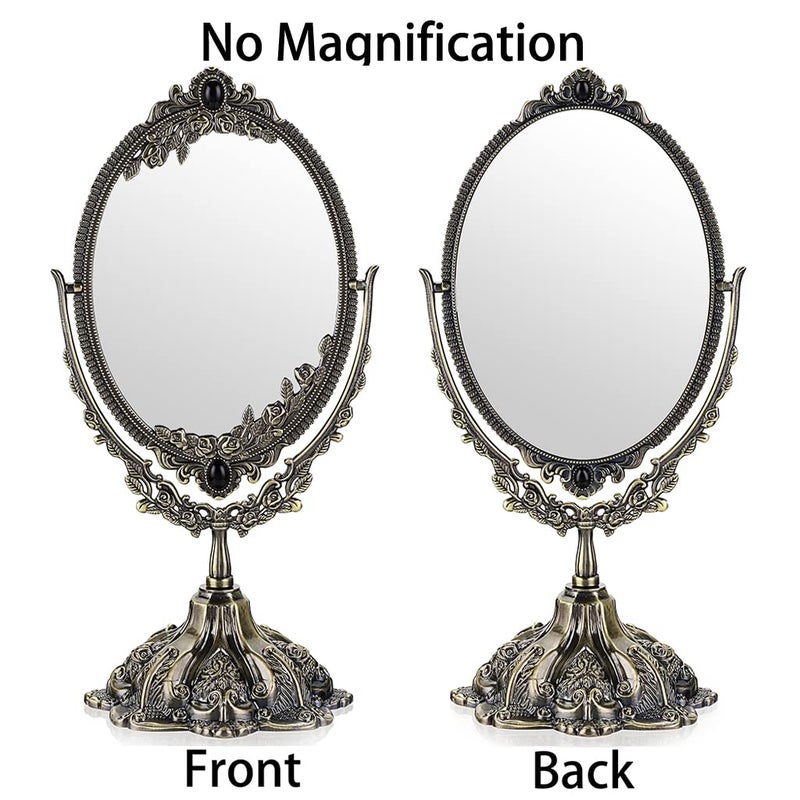Juxyes Metal Tabletop Antique Decorative Makeup Mirror With Stand  Vintage Swivel Double Sided Cosmetic Mirror With Frame  Retro Desktop Oval Dressing Mirror For Bathroom Bedroom - Image 3