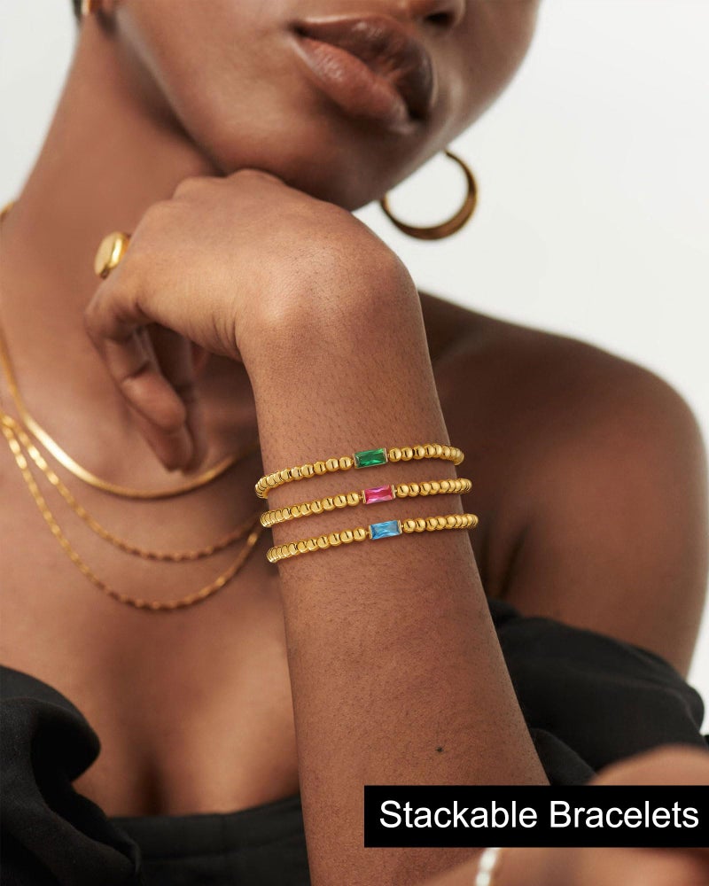 FUNEIA Birthstone Gold Beaded Bracelets for Women Non Tarnish Trendy Dainty 14K Gold Plated Cute Stackable Bead Stretch Friendship Bracelet Stack for Best Friend Couples Birthday Gifts Jewelry - Image 3