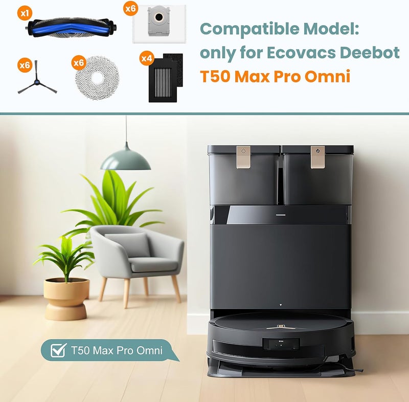 24 قطعة من قطع الغيار المتوافقة مع مكنسة الروبوت Ecovacs Deebot T50 Max Pro Omni، تشمل: فرشاة رئيسية واحدة، 6 أكياس للغبار، 4 فلاتر، 6 فرشات جانبية، 6 وسائد لمسح الأرضيات، وأداة تنظيف واحدة. - Image 2