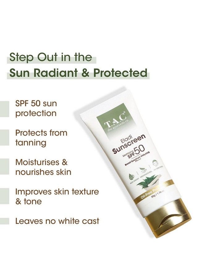 TAC - The Ayurveda Co. Eladi Sunscreen Matifying Spf 50 &amp; Pa+++ حماية من الأشعة فوق البنفسجية فئة A والأشعة فوق البنفسجية فئة B لحالة الصيف الهندي للنساء والرجال جميع أنواع البشرة 50 جم  - Image 4