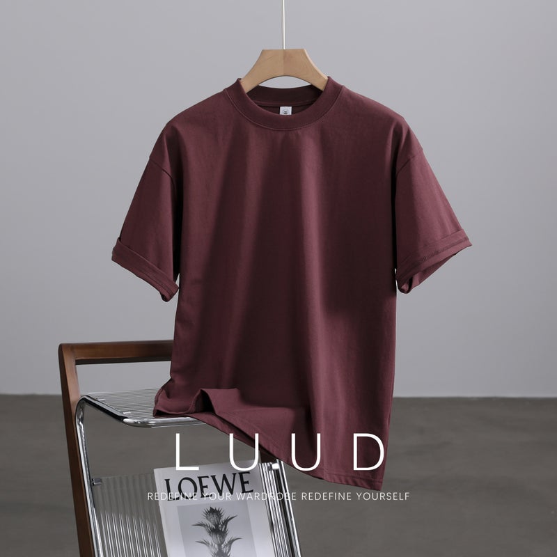 تي شيرت LUUD ثقيل بارد من القطن المشطوف بسيط بأكمام قصيرة للرجال موضة صيفية ماركة تي شيرت ملائم قمة عادية ذات رقبة دائرية - Image 2