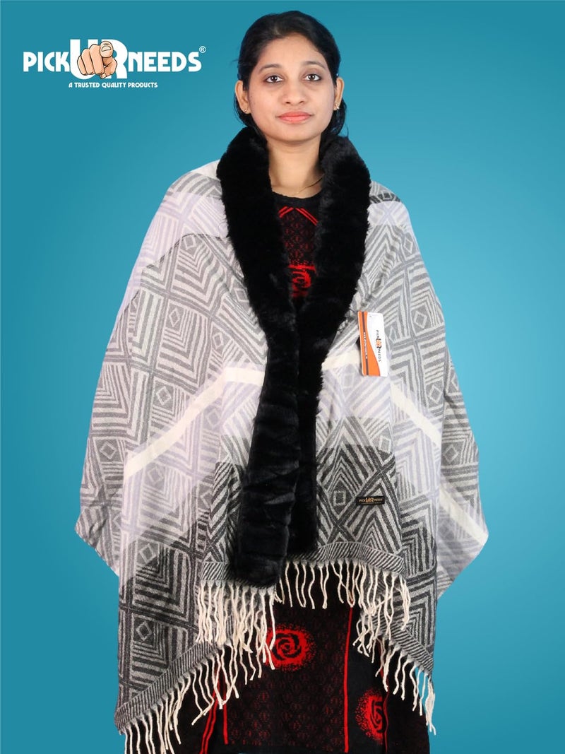 Pick Ur Needs Elegant Winter Soft & Warm Woolen Shawl with Faux Fur Border Multi Color Pattern Scarf (Black 3) - Image 5