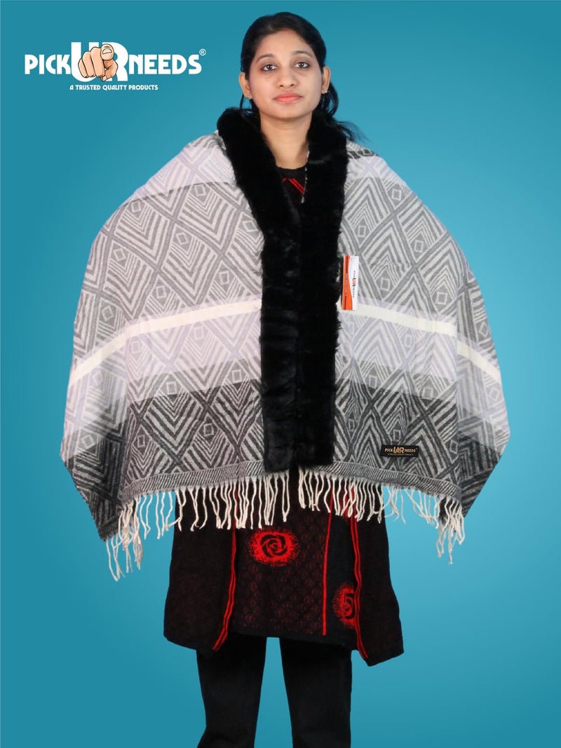 Pick Ur Needs Elegant Winter Soft & Warm Woolen Shawl with Faux Fur Border Multi Color Pattern Scarf (Black 3) - Image 3