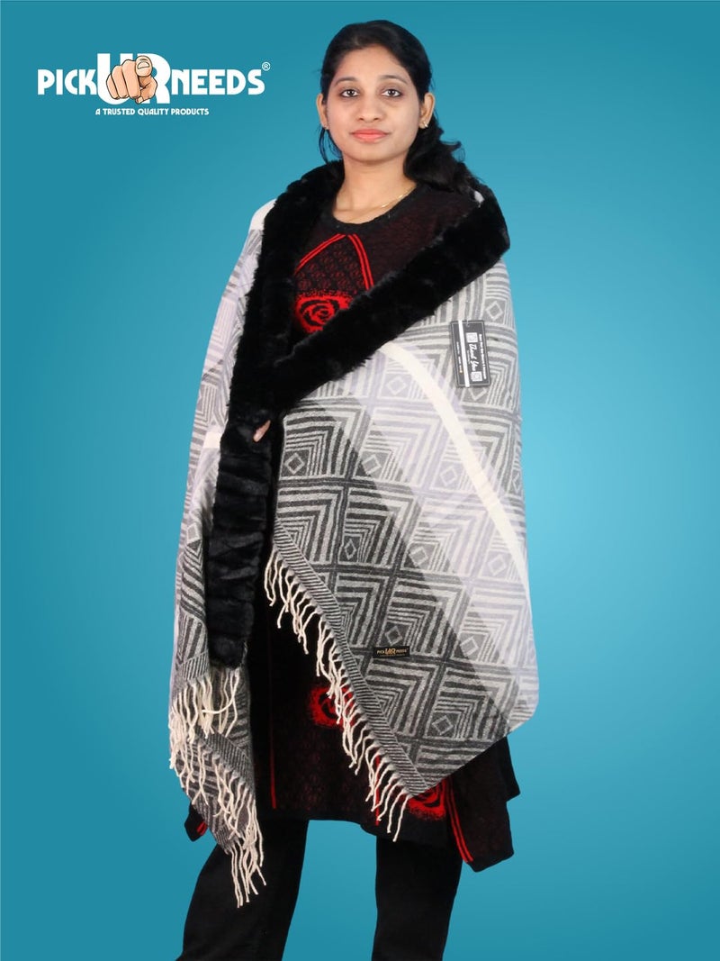 Pick Ur Needs Elegant Winter Soft & Warm Woolen Shawl with Faux Fur Border Multi Color Pattern Scarf (Black 3) - Image 4