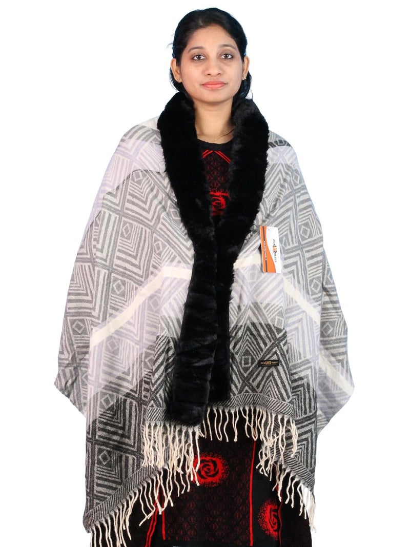 Pick Ur Needs Elegant Winter Soft & Warm Woolen Shawl with Faux Fur Border Multi Color Pattern Scarf (Black 3) - Image 1