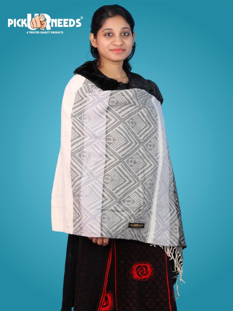 Pick Ur Needs Elegant Winter Soft & Warm Woolen Shawl with Faux Fur Border Multi Color Pattern Scarf (Black 3) - Image 2