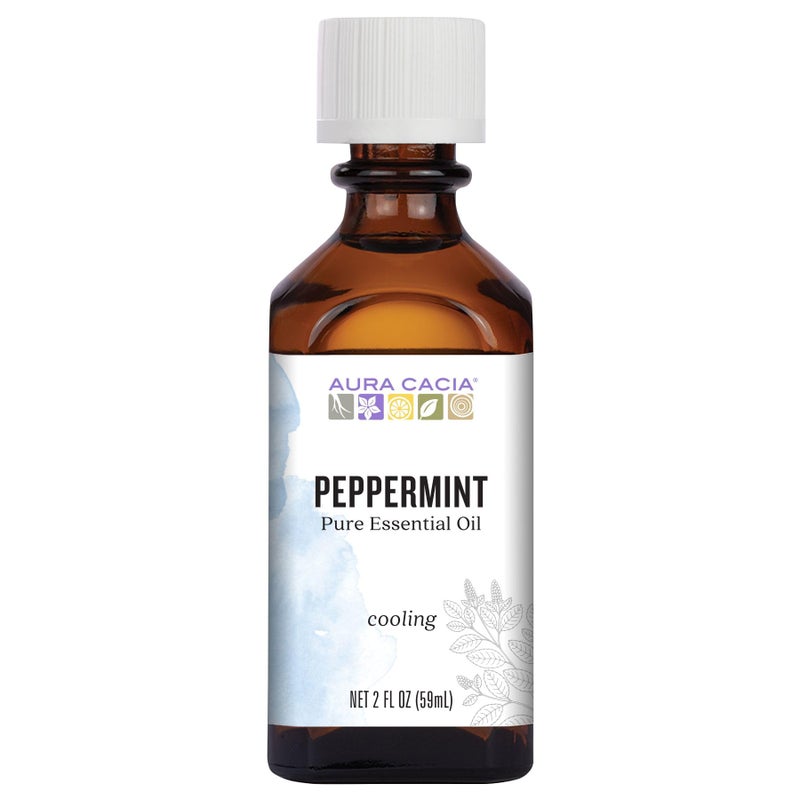 Aura Cacia Peppermint Essential Oil, 2-Ounce, Cools Skin, Fresh Minty Aroma, No Synthetic Fragrances, Color or Preservatives