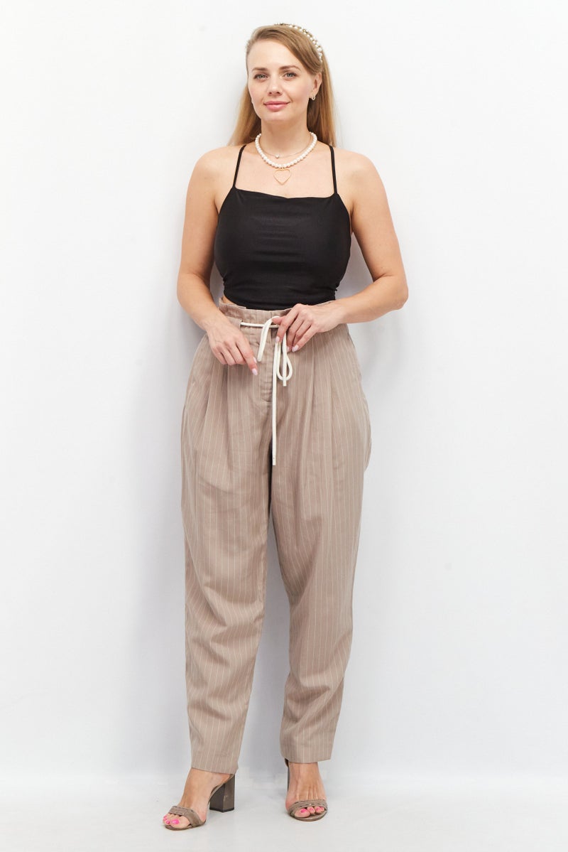 ESPRIT Women Regular Fit Stripe Casual Pants, Tan - Image 3