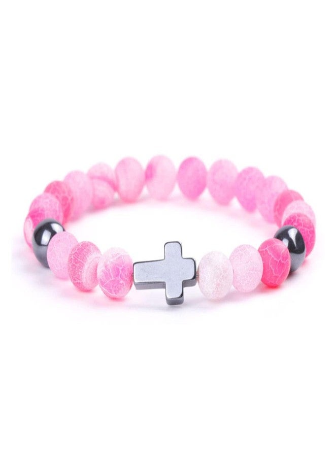 SCRDPRAD Christian Religious Cross Natural Colorful 8mm Stone Beaded Adjustable Stretch Elastic Bracelet Easter Friendship Couple Catholic Inspirational Jewelry for Women Men-pink - Image 1