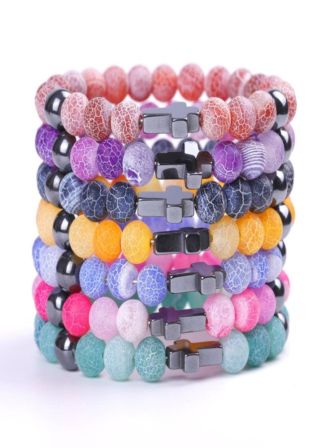 SCRDPRAD Christian Religious Cross Natural Colorful 8mm Stone Beaded Adjustable Stretch Elastic Bracelet Easter Friendship Couple Catholic Inspirational Jewelry for Women Men-pink - Image 2