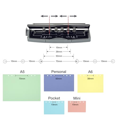 Rapesco 1725 Adjustable 6-Hole Punch, 4 x Different Positions, 9 Sheets Capacity, Metal Six Holes Puncher with Lock-Down Handle, Works with A5, A6, Compact, Slimline, Pocket, Filofax Mini, Black - Image 3