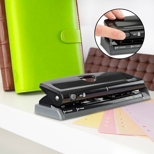 Rapesco 1725 Adjustable 6-Hole Punch, 4 x Different Positions, 9 Sheets Capacity, Metal Six Holes Puncher with Lock-Down Handle, Works with A5, A6, Compact, Slimline, Pocket, Filofax Mini, Black - Image 5