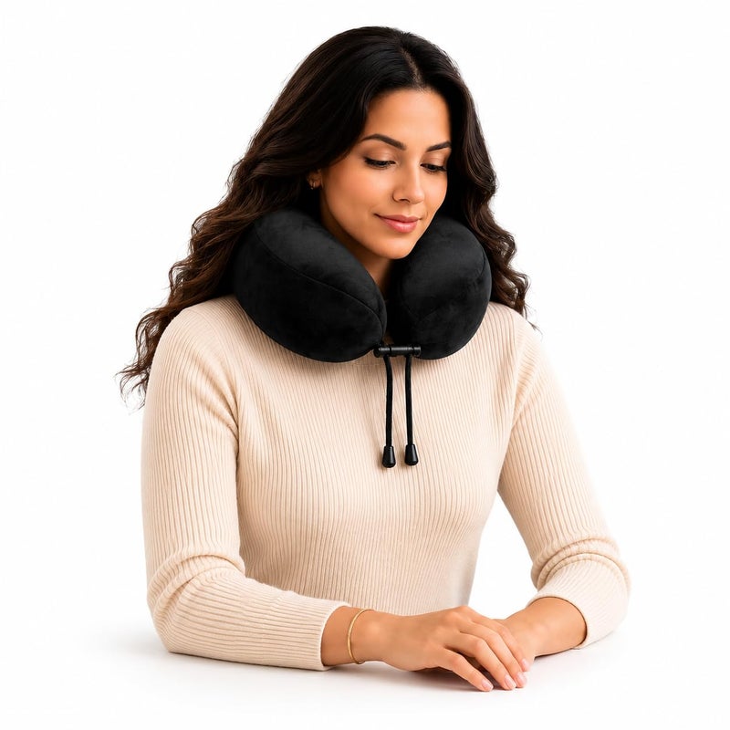 Memory Foam Travel Neck Pillow, Neck and Head Support Pillow, Ergonomic U Design, Removable and Washable Soft Velvet Cover, Suitable for Airplane, Car, Train, Office, Black - Image 1