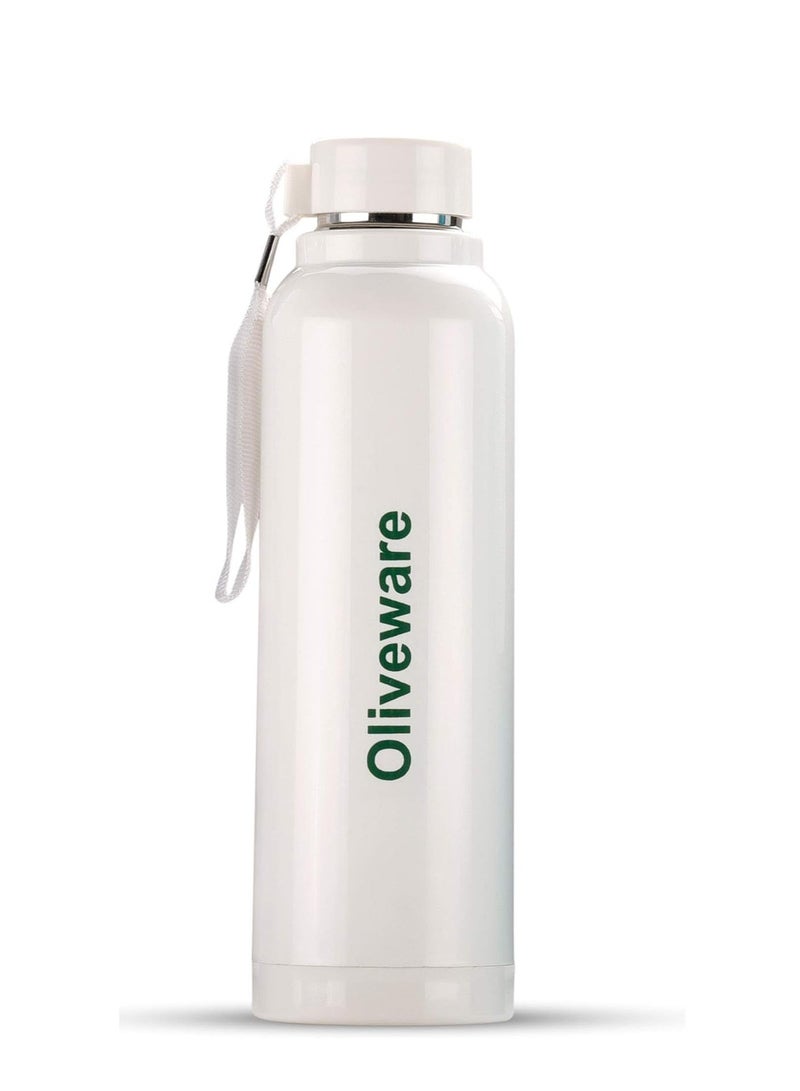 oliveware Aura Insulated Stainless Steel Bottle| Keep Hot & Cold for Long Hours | Fits Bags & Fridge | Strap for Easy Carry - 690ml -White (Cream) - Image 1
