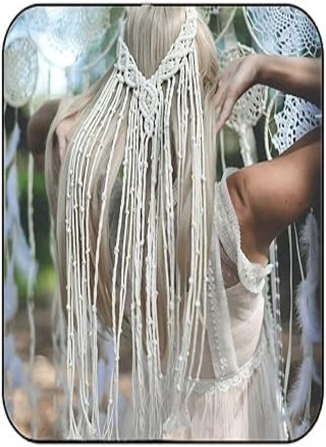 GORTIN - Macrame White Headbands Macrame Wedding Veil Feather Headband Boho Hippie Headpiece Bridal Shower Accessories for Women and Girls - Image 1