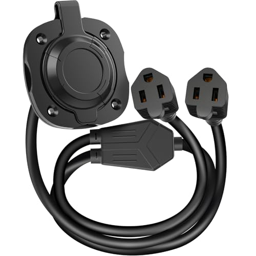 WELLUCK RV Shore Power Inlet Charger Plug 15 Amp 125V AC Power Inlet Port Plug with Integrated Dual 18" Extension Cord, RV Flanged Inlet with Waterproof Back Cover Y Splitter Cable for RV Trailer Boat - Image 1