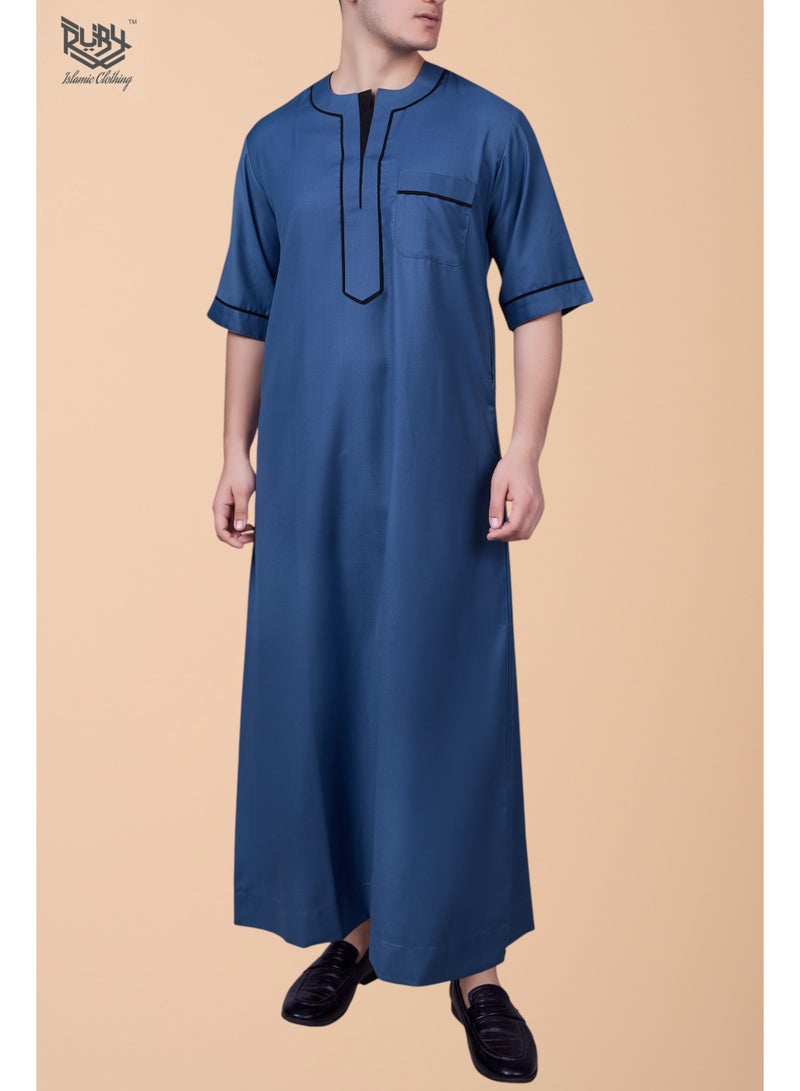 روبي للملابس الإسلامية ثوب رجالي بأكمام قصيرة ورقبة دائرية جلابية تقليدية| روب للرجال| جوبا | كندورة| أزرق - Image 1