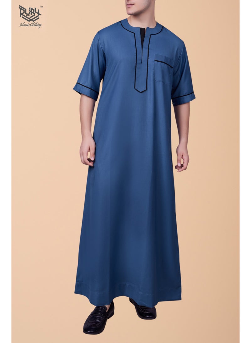 روبي للملابس الإسلامية ثوب رجالي بأكمام قصيرة ورقبة دائرية جلابية تقليدية| روب للرجال| جوبا | كندورة| أزرق - Image 2