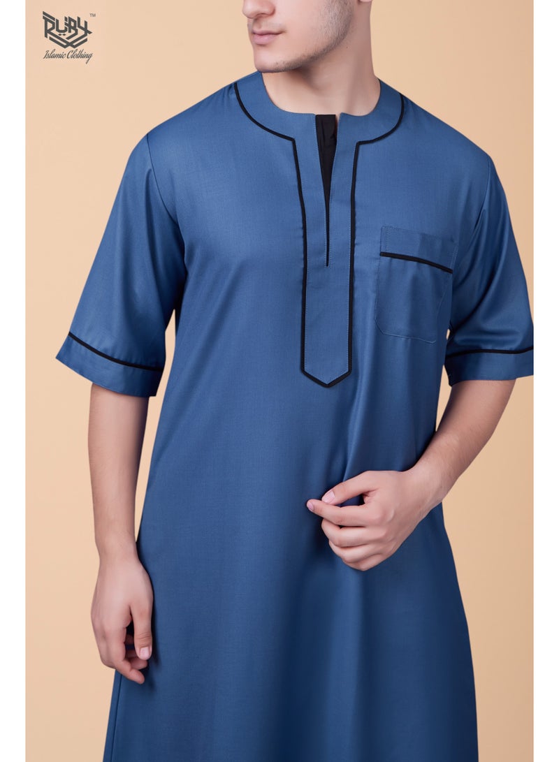 روبي للملابس الإسلامية ثوب رجالي بأكمام قصيرة ورقبة دائرية جلابية تقليدية| روب للرجال| جوبا | كندورة| أزرق - Image 3