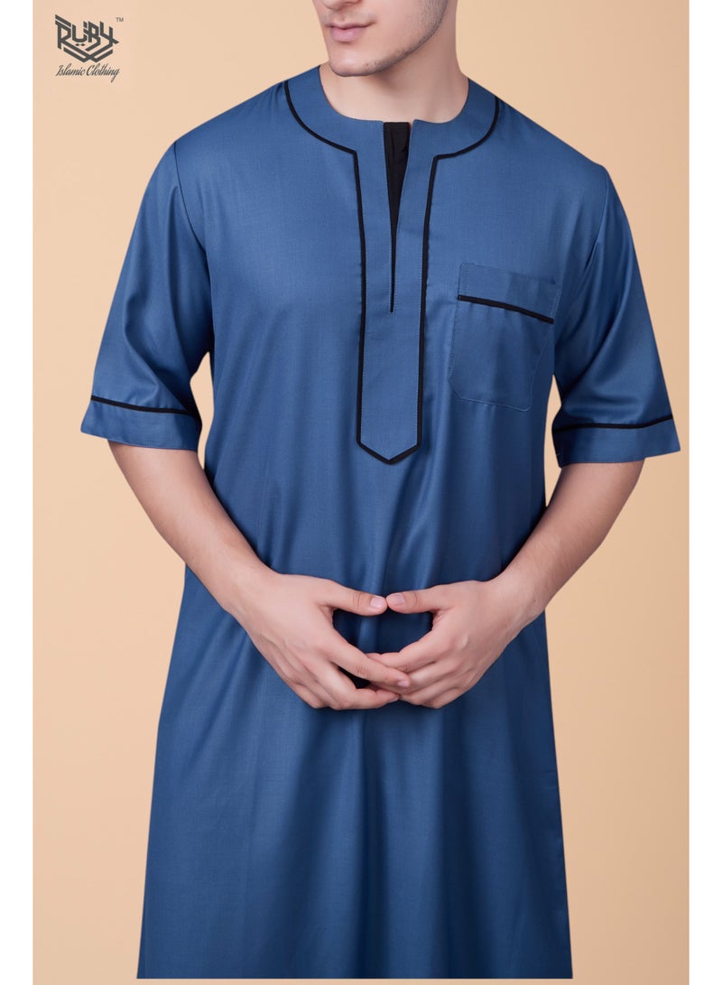روبي للملابس الإسلامية ثوب رجالي بأكمام قصيرة ورقبة دائرية جلابية تقليدية| روب للرجال| جوبا | كندورة| أزرق - Image 4