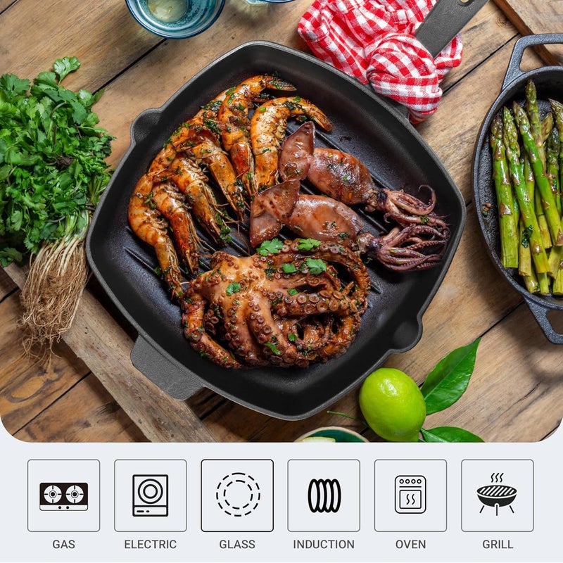 Northriver Casting 10.5 Inch Cast Iron Square Grill Pan with Tempered Glass Lid, Heavy Steak & Bacon Pans for Stove Tops - Image 5