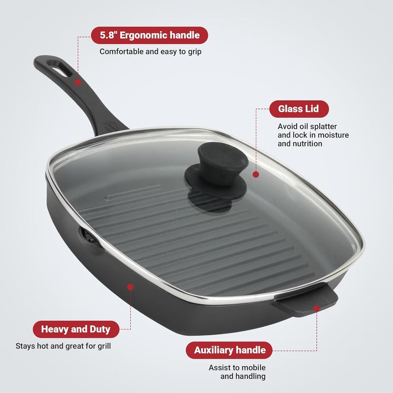Northriver Casting 10.5 Inch Cast Iron Square Grill Pan with Tempered Glass Lid, Heavy Steak & Bacon Pans for Stove Tops - Image 4