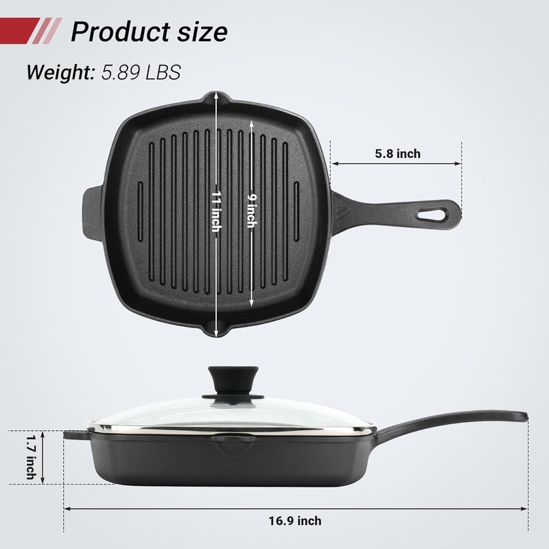 Northriver Casting 10.5 Inch Cast Iron Square Grill Pan with Tempered Glass Lid, Heavy Steak & Bacon Pans for Stove Tops - Image 2
