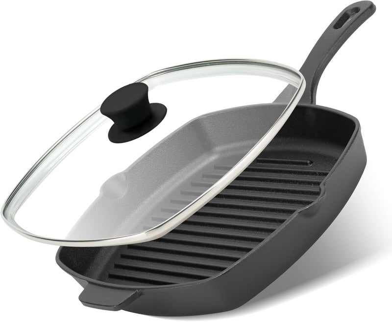 Northriver Casting 10.5 Inch Cast Iron Square Grill Pan with Tempered Glass Lid, Heavy Steak & Bacon Pans for Stove Tops - Image 1