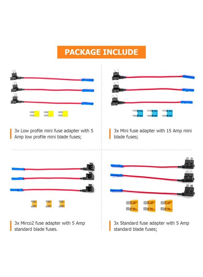WeiSen 4 Types 12V Cars Add-a-Circuit Adapter and Fuse Kit - Dual-slot Blade Fuse Holders with Mini MICRO2 ATC ATS Low Profile Tap dapter Compatible with Trucks SUVs Boats（12 Pack） - Image 3