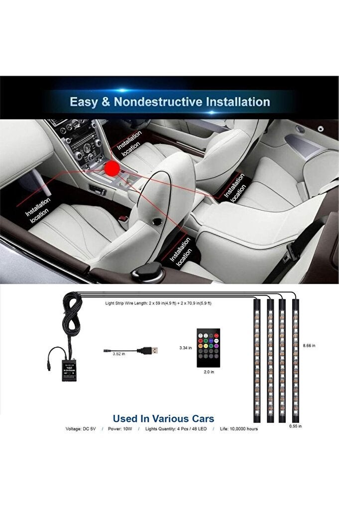 rayihni مجموعة إضاءة داخلية LED للسيارة من مستر سمارت مع جهاز تحكم عن بعد، 8 ألوان، 4 أوضاع موسيقية، تعمل بالطاقة USB - Image 4