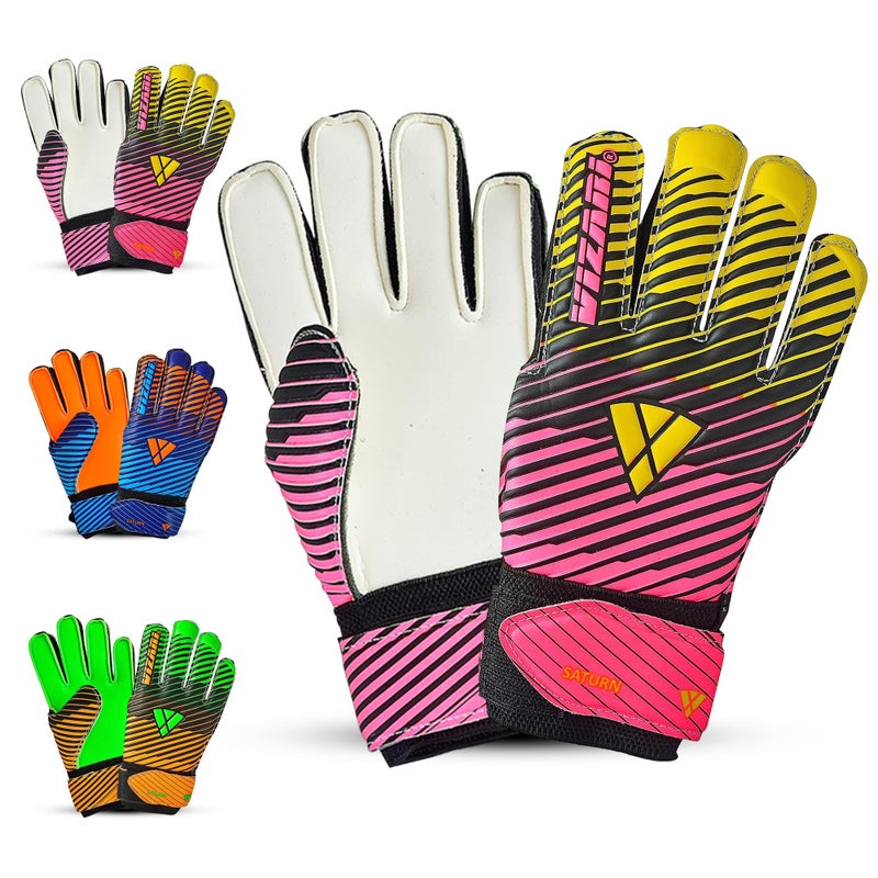 Vizari Saturn F.P. Soccer Goalkeeper Gloves with Finger Support - Pink/Yellow, Size 4 | Inbuilt Fingersave Protection Goalie Gloves | 3-MM Duplatex Foam Palm Football Gloves - Image 1