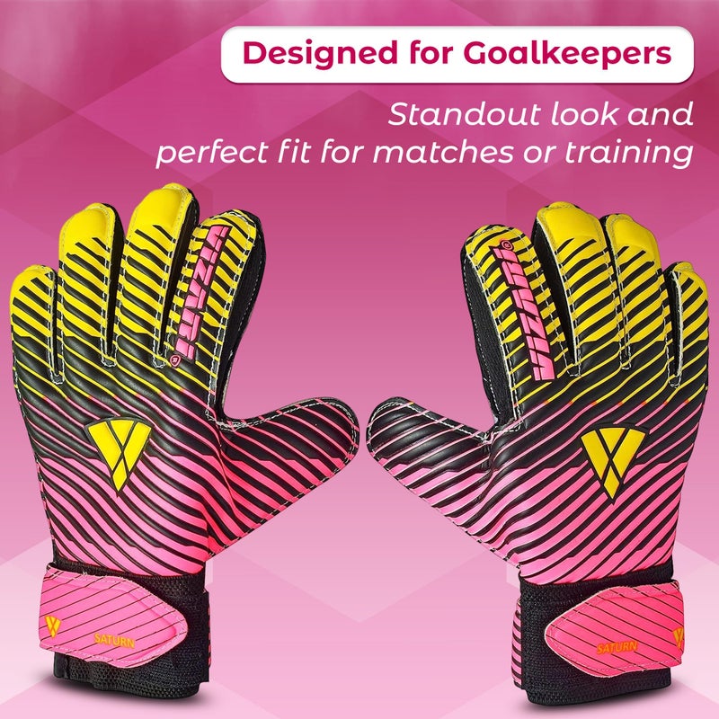 Vizari Saturn F.P. Soccer Goalkeeper Gloves with Finger Support - Pink/Yellow, Size 4 | Inbuilt Fingersave Protection Goalie Gloves | 3-MM Duplatex Foam Palm Football Gloves - Image 4