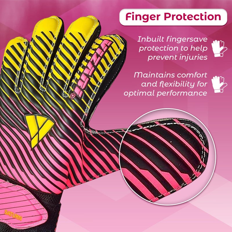 Vizari Saturn F.P. Soccer Goalkeeper Gloves with Finger Support - Pink/Yellow, Size 4 | Inbuilt Fingersave Protection Goalie Gloves | 3-MM Duplatex Foam Palm Football Gloves - Image 3