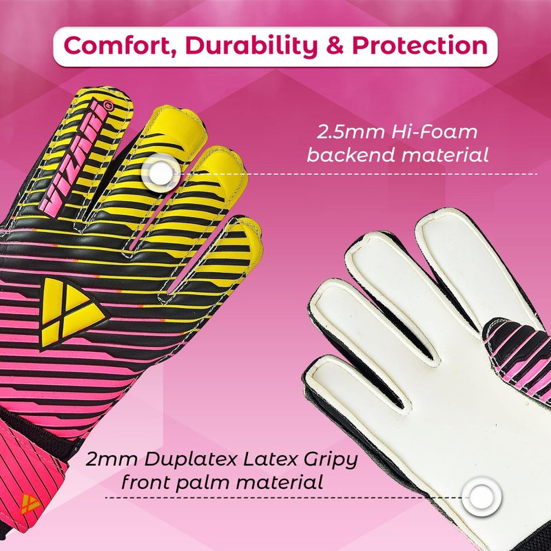 Vizari Saturn F.P. Soccer Goalkeeper Gloves with Finger Support - Pink/Yellow, Size 4 | Inbuilt Fingersave Protection Goalie Gloves | 3-MM Duplatex Foam Palm Football Gloves - Image 2