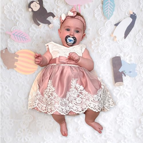 LZH Baby Girls Flower Princess Bowknot Wedding Pageant Christening Baptism Communion Party Dress, Bean Powder, 6M(3-6 Months) - Image 2