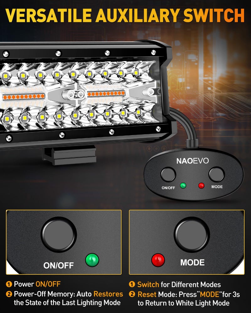 NAOEVO 7 Inch LED Light Bar, White Amber Offroad Fog/Driving Lights LED Pods with Strobe/Memory Function, 2 Leads Wiring Harness Included, Work for Truck Boat ATV UTV, 2-Pack (6 Modes) - Image 3
