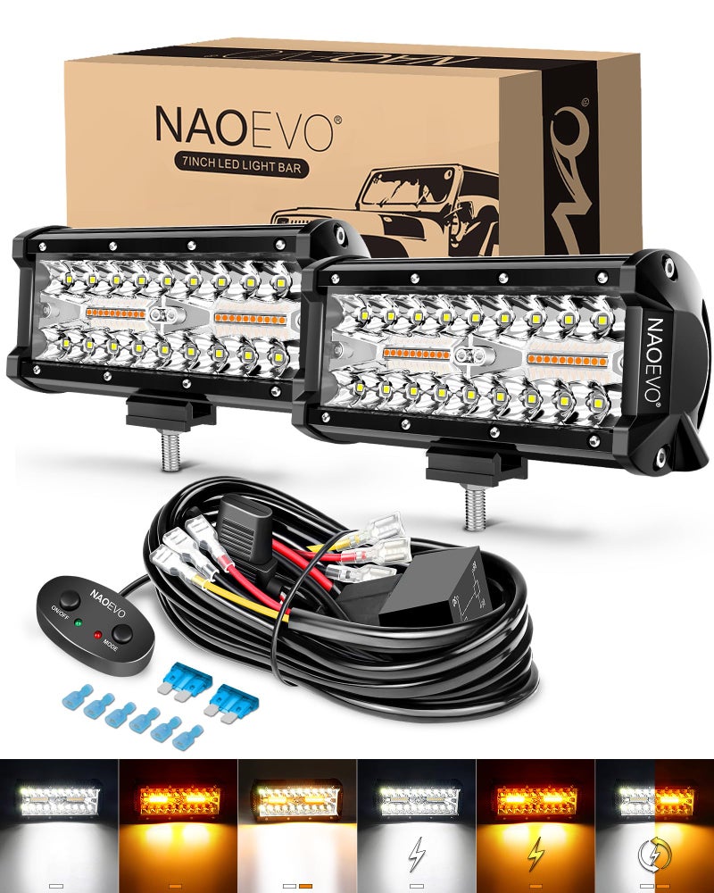 NAOEVO 7 Inch LED Light Bar, White Amber Offroad Fog/Driving Lights LED Pods with Strobe/Memory Function, 2 Leads Wiring Harness Included, Work for Truck Boat ATV UTV, 2-Pack (6 Modes) - Image 1