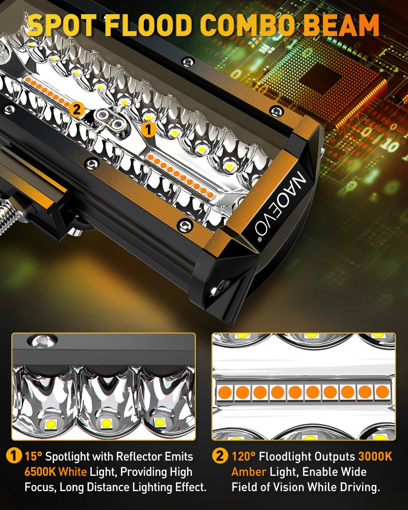 NAOEVO 7 Inch LED Light Bar, White Amber Offroad Fog/Driving Lights LED Pods with Strobe/Memory Function, 2 Leads Wiring Harness Included, Work for Truck Boat ATV UTV, 2-Pack (6 Modes) - Image 5