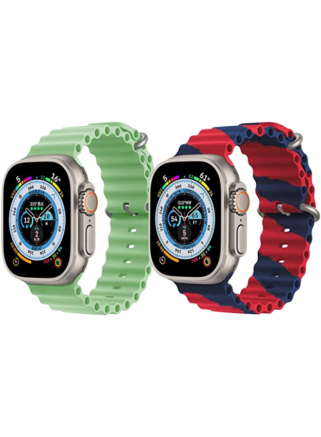 IAF Silicone Ocean Band Strap for Apple Watch Ultra 8 49mm Mint Green Single Color Strap with Red/Blue Double Line Strap Set of 2