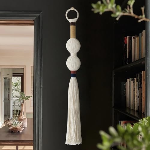 IOWER Macrame Wall Hanging Boho Decor Yarn Wall Art Small Sphericity Cotton Textile Tassel Hanging Fiber Art for Living Room Bedroom 27'' L x 2.3'' W - Image 1