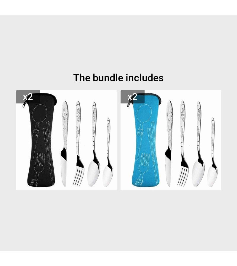 4 Piece Stainless Steel Cutlery Set Portable Printed Knife Fork Spoon With Carry Bag For Camping Outdoor Dining Black Blue - Image 1